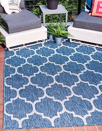 Unique Loom Outdoor Trellis Collection Area Rug (7' 10" x 11' 4" Rectangle, Navy Blue/ Ivory) by UniqueLoom