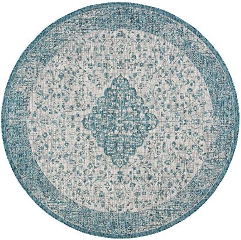 SAFAVIEH Washable Rug Outdoor Courtyard Collection - 5'3" Round, Teal & Cream, Non-Shedding & Easy Cleaning, Ideal for Patio, Backyard, Mudroom (CY8720-372) - Image 3