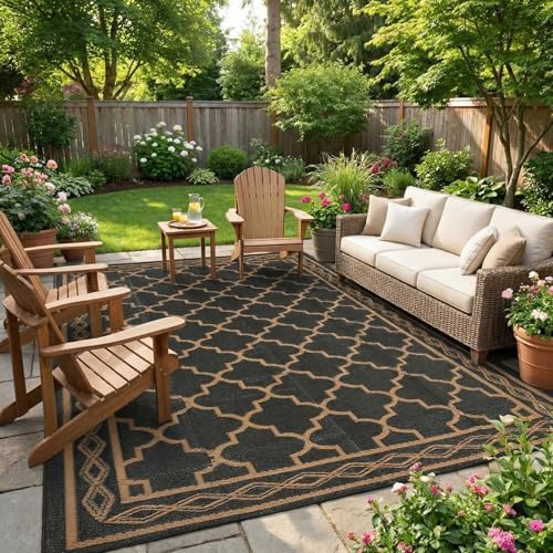 8x10 Plastic Straw Rug Reversible Mat Outdoor Vintage Trellis Area Rug Waterproof Patio Rugs Outdoor Camping Rugs for RV Porch Deck Camper Balcony Backyard Easy Clean Picnic Mat, Black Brown by Unknown