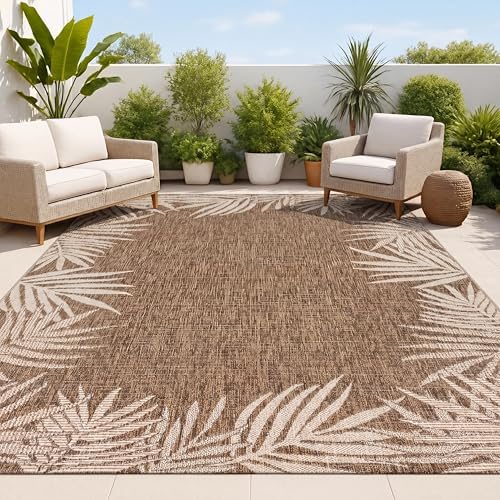 JONATHAN Y Tuscan Sun Polypropylene Indoor Outdoor Area Rug, Brown and Cream Isla Coastal Cottage Palm Frond Border Design, 4' x 6', Durable Low-Pile for Patio or Entryway TSN207H-4 by JONATHANY