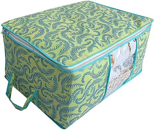Kuber Industries Foldable Underbed Storage Bag|Organizer For Clothes Large|Non-Woven Comforter, Blanket Cover|Leaf Print & Side Handle|Pack of 12 (Green) - Image 4