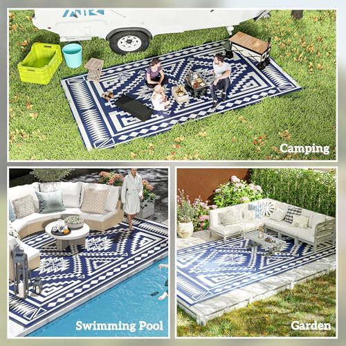 Outsunny Outdoor Rug for Patio Waterproof 9' x 18' Blue & White Square - Image 5