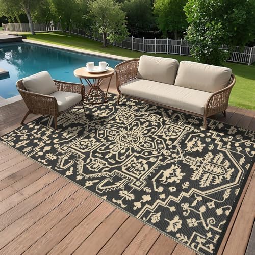 GAOMON 9x18 Outdoor Rug Waterproof for Patio Picnic Non Shedding Plastic Straw Reversible Large Outdoor Rug for Pool Trailer RV Portable Boho Vintage Floral Carpet Outside Decor, Black Brown by GAOMON