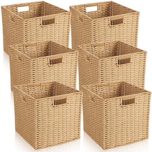Newtay 6 Pcs Wicker Storage Baskets 11.8 x 11.8 in Cube Storage Bin Organizer Camel Square Foldable Wicker Baskets for Shelves Organizing Decor Laundry Pantry Toys by Newtay