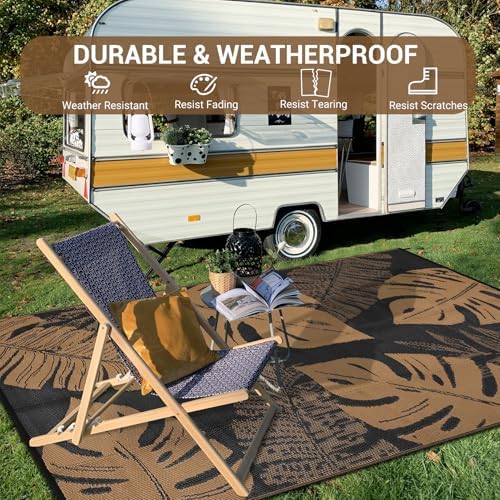 COZYLOOM Outdoor Rugs 8x10 Waterproof for Patios Reversible Plastic Straw Rug Leaf Pattern, Modern Area Rug for Outdoors Backyard Porch Balcony RV Deck Picnic Camping Beach Trailer, Black Brown - Image 6