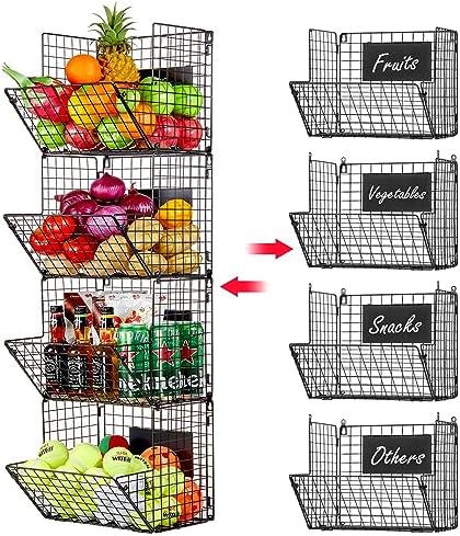 X-cosrack Metal Wire Basket Wall Mount, 4 Tier Extra Large Wall Storage Basket Organizer with Chalkboards, Kitchen Fruits and Vegetables Produce Bin Rack Toys Organizer Bathroom Tower Baskets (Black) by X-cosrack