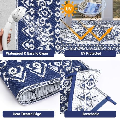 Outdoor Plastic Straw Rug 9x18 Large Washable Floor Mat Medallion Waterproof Rug for Patio Reversible Rug for Outdoors RV Beach Patio Camping Backyard Deck Picnic Camping Outside Dark Blue - Image 5