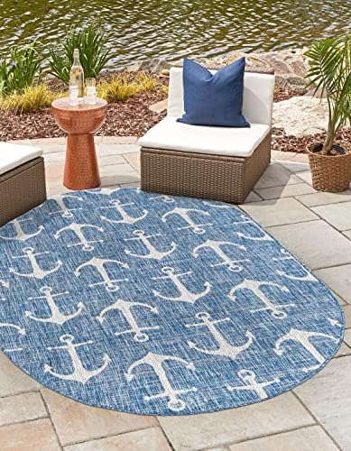 Unique Loom Outdoor Coastal Collection Area Rug - Ahoy (3' 3" x 5' 3" Oval, Blue/ Ivory) - Image 2
