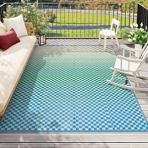 Wonnitar 8x10 Waterproof Outdoor Rugs - Blue Yellow Ombre Checkered Patios Rug, Large Reversible Plastic Straw Mat for Camping RV Balcony, Portable Colorful Outdoor Deck Rug by Wonnitar
