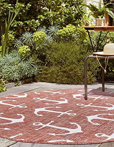 Unique Loom Outdoor Coastal Collection Area Rug - Ahoy (4' 1" Round, Rust Red/ Ivory) - Image 4