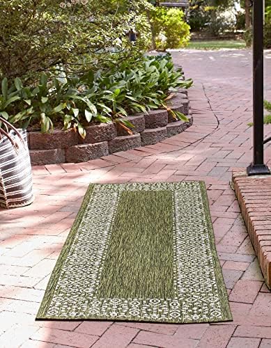 Unique Loom Outdoor Border Collection Area Rug - Floral Border (2' x 8' Runner, Green/ Ivory) - Image 3