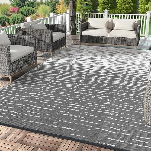 Garvee Waterproof Outdoor Rug 8x10 Neutral Striped Plastic Straw Rug, Grey by Garvee