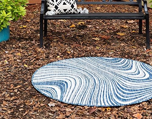 Unique Loom Outdoor Modern Collection Area Rug - Pool (4' 1" Round, Blue/ Ivory) - Image 3