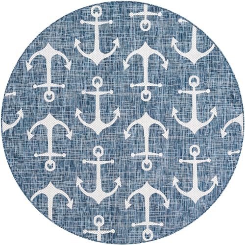 Unique Loom Outdoor Coastal Collection Area Rug - Ahoy (6' 1" Round Blue/Ivory) - Image 3