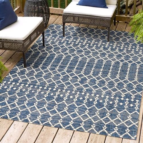 Eyely Moroccan Textured Weave Area Rug 5X8 Navy/Beige, Indoor Outdoor Rug by eyely
