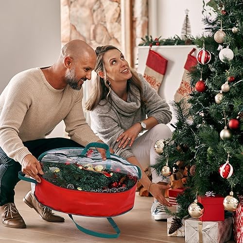 Shappy 12 Pcs Red Wreath Storage Bag Clear Wreath Box Storage Containers with Clear Window and Handle Garland Containers for Holiday Seasonal Bags (24 Inch) - Image 5