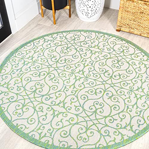 Eyely Filigree Weave Round Rug 5 Ft Cream/Green, Indoor Outdoor Rug by eyely
