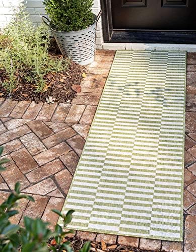 Unique Loom Outdoor Striped Collection Area Rug - Striped (2' x 6' 1" Runner, Green/Ivory) by UniqueLoom