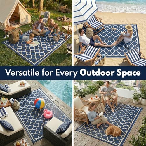 Waterproof Outdoor Rug 9x18 ft, Reversible Plastic Straw Rug, Easy to Clean Patio Rug, Portable Carpet for Patio, RV, Deck, Balcony, Backyard, Picnic, Beach, Clover, Navy Blue - Image 5