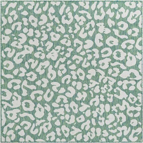 Unique Loom Outdoor Safari Collection Area Rug - Leopard (5' 3" Square Green Blue/Ivory) - Image 2
