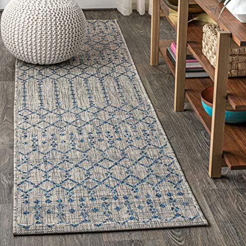 Eyely Moroccan Woven Runner Rug 2X10 Light Gray/Navy, Indoor Outdoor Rug by eyely