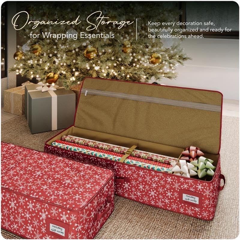 Covermates Gift Wrap Storage Organizer, 38"W x 13"D x 6.5"H, Red Snowflake - Image 2