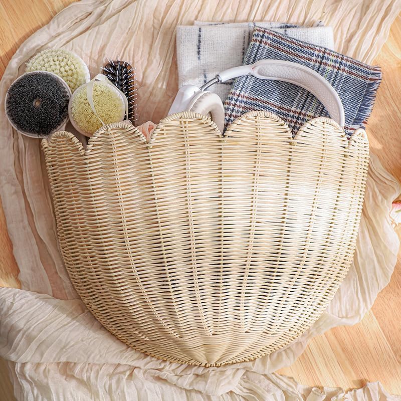 Scalloped Hanging Wicker Baskets for Wall, Scalloped Home Decor, Hanging Woven Rattan Wall Basket for Flowers Front Door Bathroom Storage (Rattan-Set of 2) - Image 5