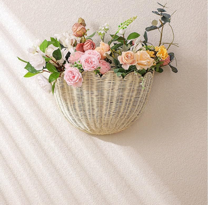 Scalloped Hanging Wicker Baskets for Wall, Scalloped Home Decor, Hanging Woven Rattan Wall Basket for Flowers Front Door Bathroom Storage (Rattan-Set of 2) - Image 2